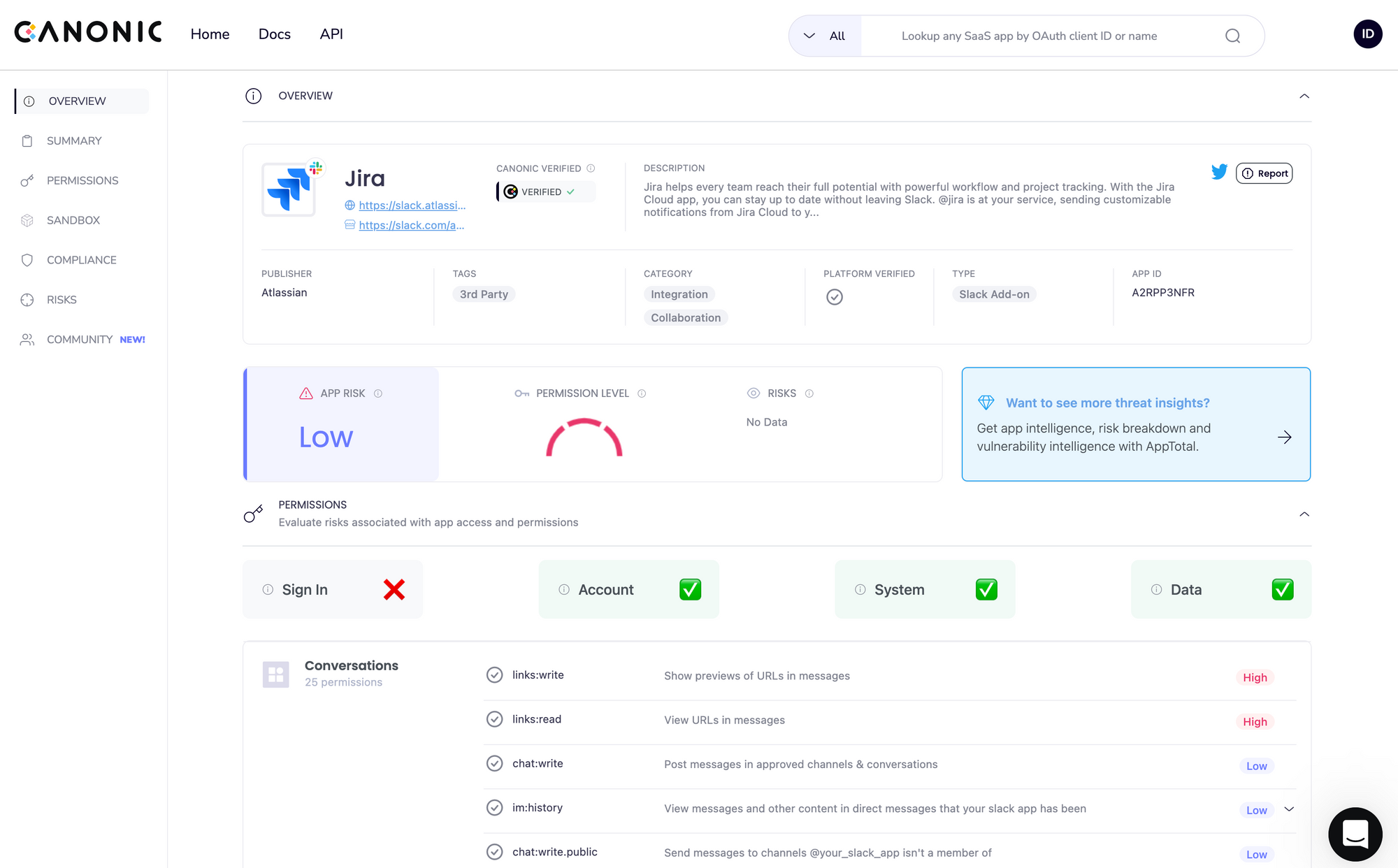 Jira’s Slack app in AppTotal