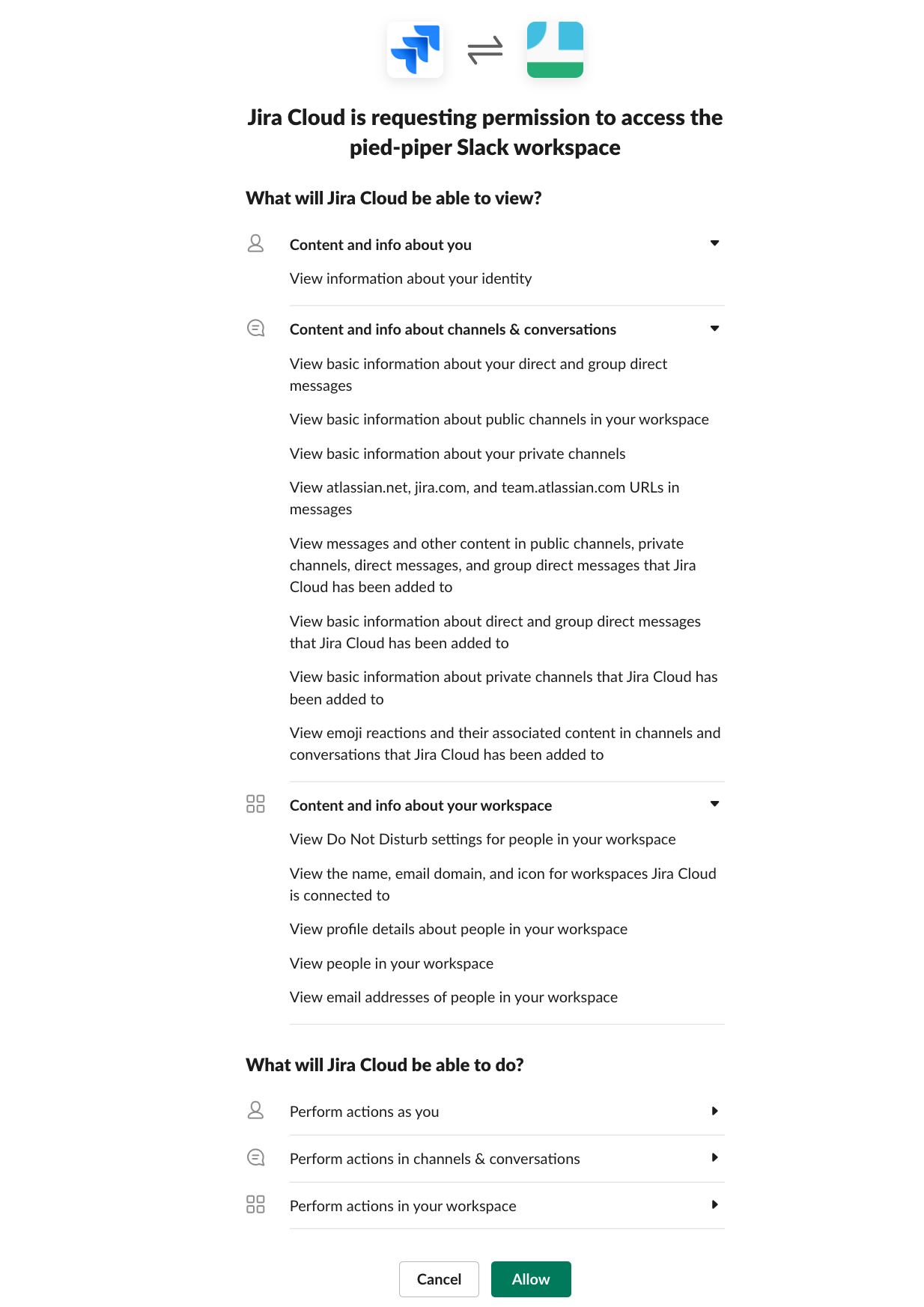 Jira’s Slack app consent page